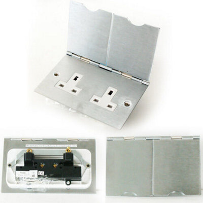 B&Q Brushed Steel Double Floor Plug Socket Outlet 1 Gang Uk Electrical 13A Mains