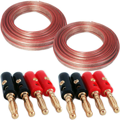 2X 10M (33 Ft) & 8X Banana Plugs0.75mm Speaker Cable 19 Awg Home Cinema Hi-Fi Audio Surround Sound Cca Wire Reel from B&Q