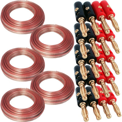 5X 10M (33 Ft) & 20X Banana Plugs0.75mm Speaker Cable 19 Awg Home Cinema Hi-Fi Audio Surround Sound Cca Wire Reel from B&Q