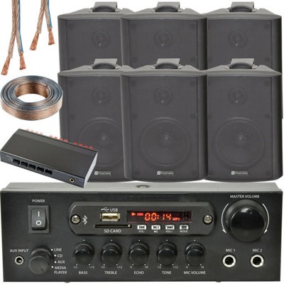 Loops 3 Zone Bluetooth Speaker Kit 6X 70W Wall Mounted Home Bar Stereo Amplifier Black
