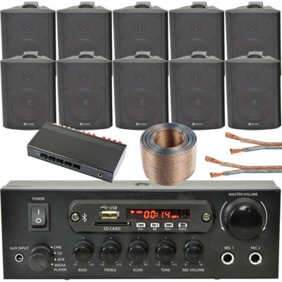 Loops 5 Zone Bluetooth Speaker Kit 10X 70W Wall Mount Home Bar Stereo Amplifier Black