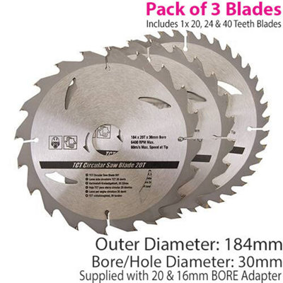 Qty 3 184mm X 30mm Tct Circular Saw Blades 20T 24T 40T 20mm 16mm Rings from B&Q