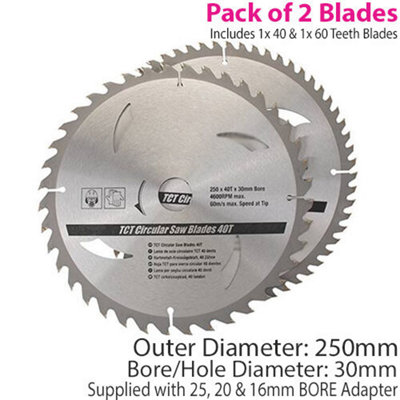 Qty 2 250mm X 30mm Tct Circular Saw Blades 40T 60T 25mm 20mm 16mm Rings from B&Q