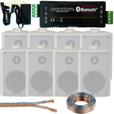Loops Bar/Restaurant Bluetooth Amplifier Kit 8X Wall Speaker Wireless Background White