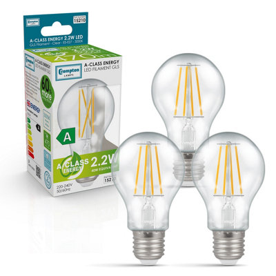 Crompton Lamps Ultra-Efficient Led Gls 2.2W E27 A-Class Warm White Clear (40W Eqv) (3 Pack) from B&Q
