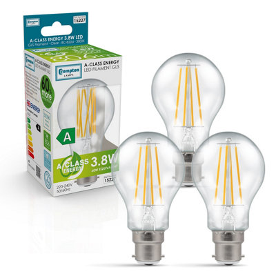 Crompton Lamps Ultra-Efficient Led Gls 3.8W B22 A-Class Warm White Clear (60W Eqv) (3 Pack) from B&Q