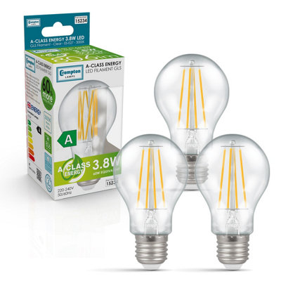 Crompton Lamps Ultra-Efficient Led Gls 3.8W E27 A-Class Warm White Clear (60W Eqv) (3 Pack) from B&Q