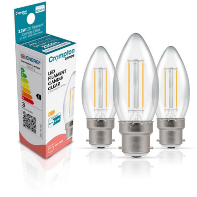 Crompton Lamps Filament Candle Led Light Bulb Bc-B22D2.2W25W EquivalentWarm White 2700K15000-HrsClearDimmable3-Pack from B&Q