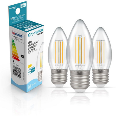 Crompton Lamps Filament Candle Led Light Bulb Es-E276.5W60W EqvCool White 4000K15,000-HrsClearDimmable3-Pack from B&Q