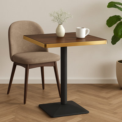  - 70Cm Square Walnut Bistro Table With Brushed Gold Edge & Black Square Pedestal Base