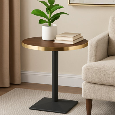  - 70Cm Round Walnut Bistro Table With Brushed Gold Edge & Black Square Pedestal Base