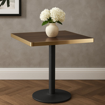  - 70Cm Square Walnut Bistro Table With Brushed Gold Edge & Black Round Pedestal Base