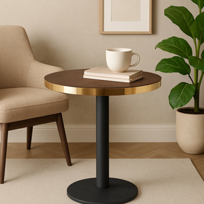  - 70Cm Round Walnut Bistro Table With Brushed Gold Edge & Black Round Pedestal Base