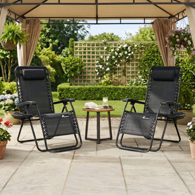 Sunmer Extra-Wide Reclining Garden Chairs With Cup And Phone Holder Set Of 2Black from B&Q