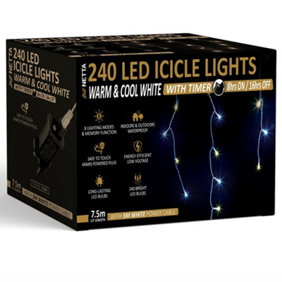 NETTA 240 Led Icicle Lights 7.5M Indoor/outdoor Christmas Lights With White CableWarm & Cool White from B&Q