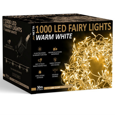 Netta 1000Led Fairy String Lights - Warm Clear Cable White