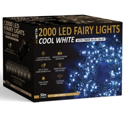 NETTA 2000 Led Fairy String Lights 50M Indoor & Outdoor Christmas Tree Lights Green CableCool White from B&Q