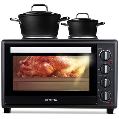 Netta Electric Mini Oven With Double Hotplate, Grill, Multiple Cooking Functions, Adjustable Temperature Control 45L