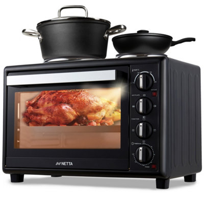 Netta Black Electric Mini Oven With Double Hotplate, Multiple Cooking Functions & Grill, Temperature Control Timer 35L