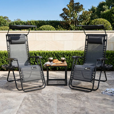 Sunmer Reclining Garden Chairs With Cup And Phone Holder With CanopySet Of 2Black from B&Q