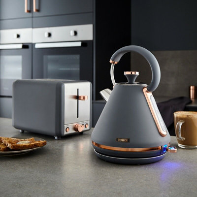 Tower Cavaletto 3Kw 1.7L Pyramid Kettle And 850W 2-Slice Toaster Set In Grey And Rose Gold