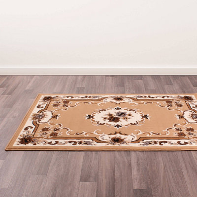  - Beige Traditional Floral Bordered Rug Easy To Clean Dining Room-120Cm (Circle)