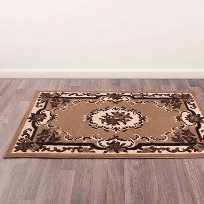  - Beige Traditional Bordered Floral Rug Easy To Clean Dining Room-120Cm (Circle)