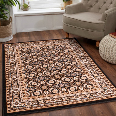 B&Q Traditional Bordered Floral Rug For Dining Room-60Cm X 110Cm Black