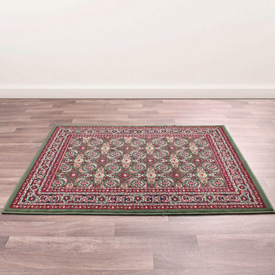 B&Q Green Traditional Bordered Floral Rug For Dining Room-60Cm X 110Cm