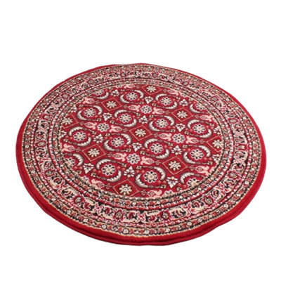  - Red Traditional Floral Bordered Rug Easy To Clean Dining Room-120Cm X 120Cm (Circle)