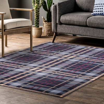 Tartan Blue Chequered Tartan Easy To Clean Rug For Dining Room -60Cm X 110Cm from B&Q