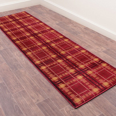  - Tartan Red Chequered Tartan Easy To Clean Rug For Dining Room-80Cm X 300Cm (Runner)