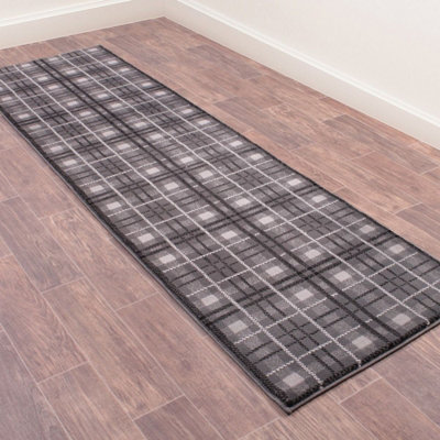  - Tartan Grey Chequered Tartan Easy To Clean Rug For Dining Room-80Cm X 300Cm (Runner)