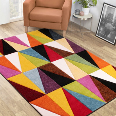 B&Q Multicoloured Modern Geometric Rug Easy To Clean Dining Room-120Cm X 170Cm