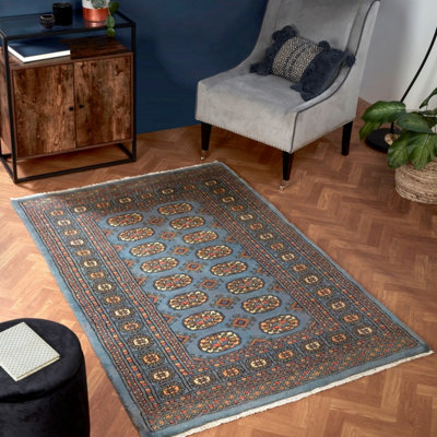 B&Q Blue Luxurious Traditional Bordered Floral Geometric Wool Handmade Rug For Living Room Bedroom & Dining Room-120Cm X 180Cm