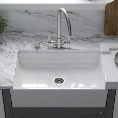 Astini Lsc Medium White 600X400X160 Ceramic Belfast Butler Kitchen Sink & Chrome Basket Strainer Waste from B&Q