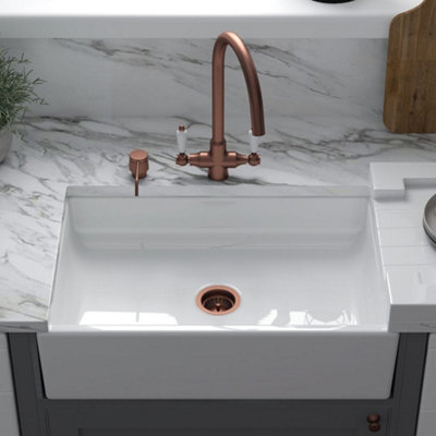 Astini Lsc Medium White 600X400X160 Ceramic Belfast Butler Kitchen Sink & Copper Basket Strainer Waste from B&Q