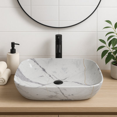 Marble Luxe White Calacatta Marble-Effect Ceramic Countertop Basin 500 X 395 X 145mm Gloss5 Year Guarantee from B&Q