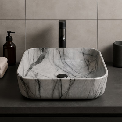 Marble Luxe Square Calacatta-Effect Ceramic Countertop Basin385 X 385 X 135 mm from B&Q