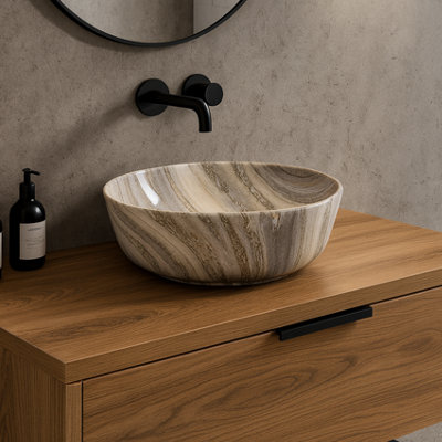 Marble Luxe 415mm Brown And Grey Marble Effect Ceramic Counter Top Basin (Gloss)Vessel Sink from B&Q