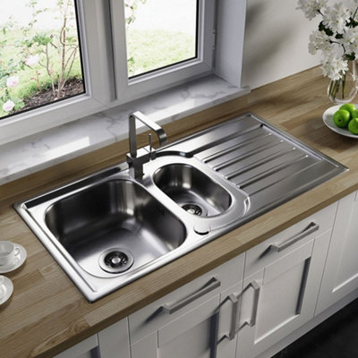 Astini Cagliari 1.5 Bowl Brushed 18/10 Stainless Steel Inset Kitchen Sink 1000X500mm With 90mm Waste. from B&Q