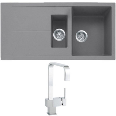 Astini Livio 1000mm 1.5 Bowl Granite Grey Reversible Kitchen Sink With Waste & Cosmo 5E Tap from B&Q