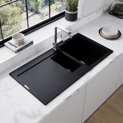 Astini Quadro 1000mm 1.5-Bowl Black Granite Sink With Cosmo 5E Mixer Tap from B&Q
