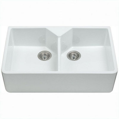 Cda Kc1 Gloss White 2-Bowl Ceramic Belfast Kitchen Sink With 90mm Basket Strainers from B&Q