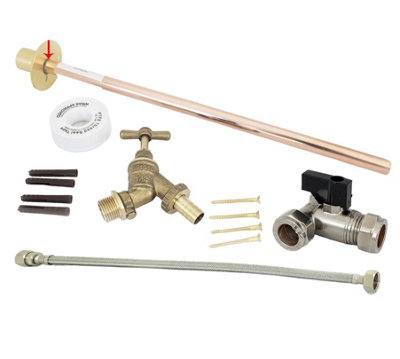 Fixthebog™ Professional 350mm Outside 1/2 Inch Hose Union Bib Tap SetComplete Fixing Kit And Through Wall Backplate from B&Q