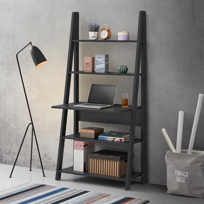 Timber Art Design Riva Ladder Bookcase With 5 Tier Shelves & Overhanging Desk Shelf In Black from B&Q