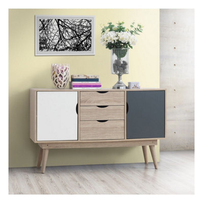 Timber Art Design Alford Scandinavian Large Sideboard Nordic Retro Cupboard Unit Scandi Buffet Grey White