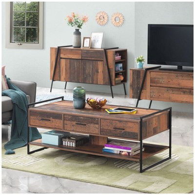 B&Q -  Abbey Coffee Table With 3 Drawers Rustic Industrial Oak Effect Living Room