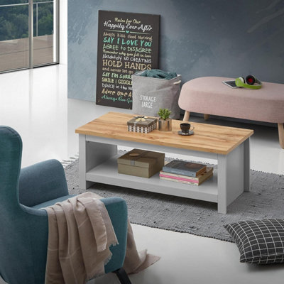 Timber Art Design Lisbon And Oak Coffee Table With Open Shelf Storage Grey