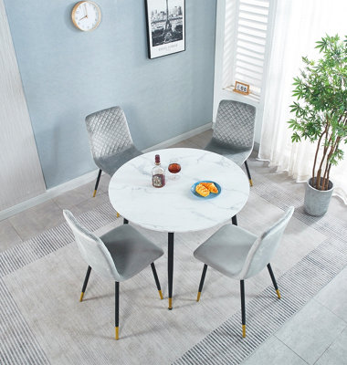 Hallowood Furniture Finley Round Dining Table (Tab101) In White Marble Finish With 4 Chairs (Cha201-Sgy) from B&Q